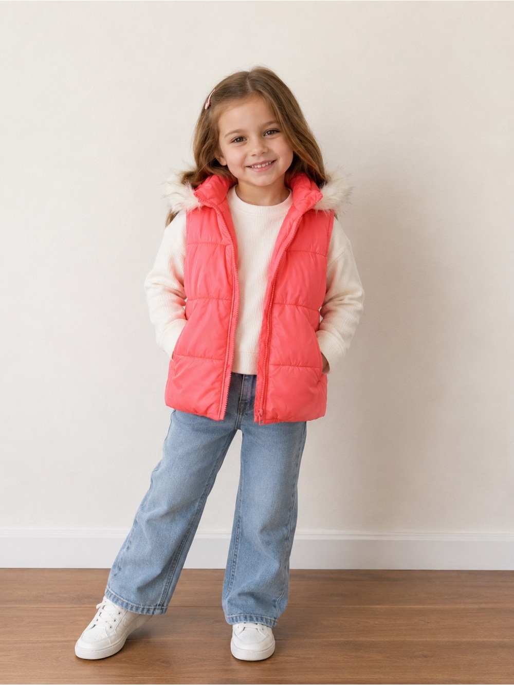 pumpkin patch Neon Coral Puffer Hooded Jacket with Faux Fur Trim
